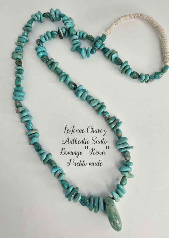 Classic and authentic Santo Domingo Pueblo made turquoise stone necklace with wrapped tie on end