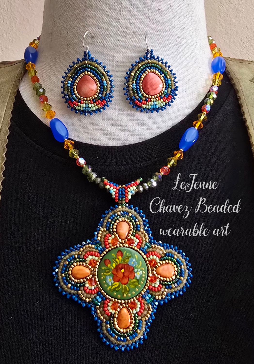 An original one-of-a-kind wearable art Beaded necklace with matching earrings