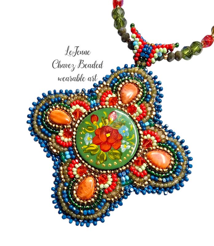 An original one-of-a-kind wearable art Beaded necklace with matching earrings