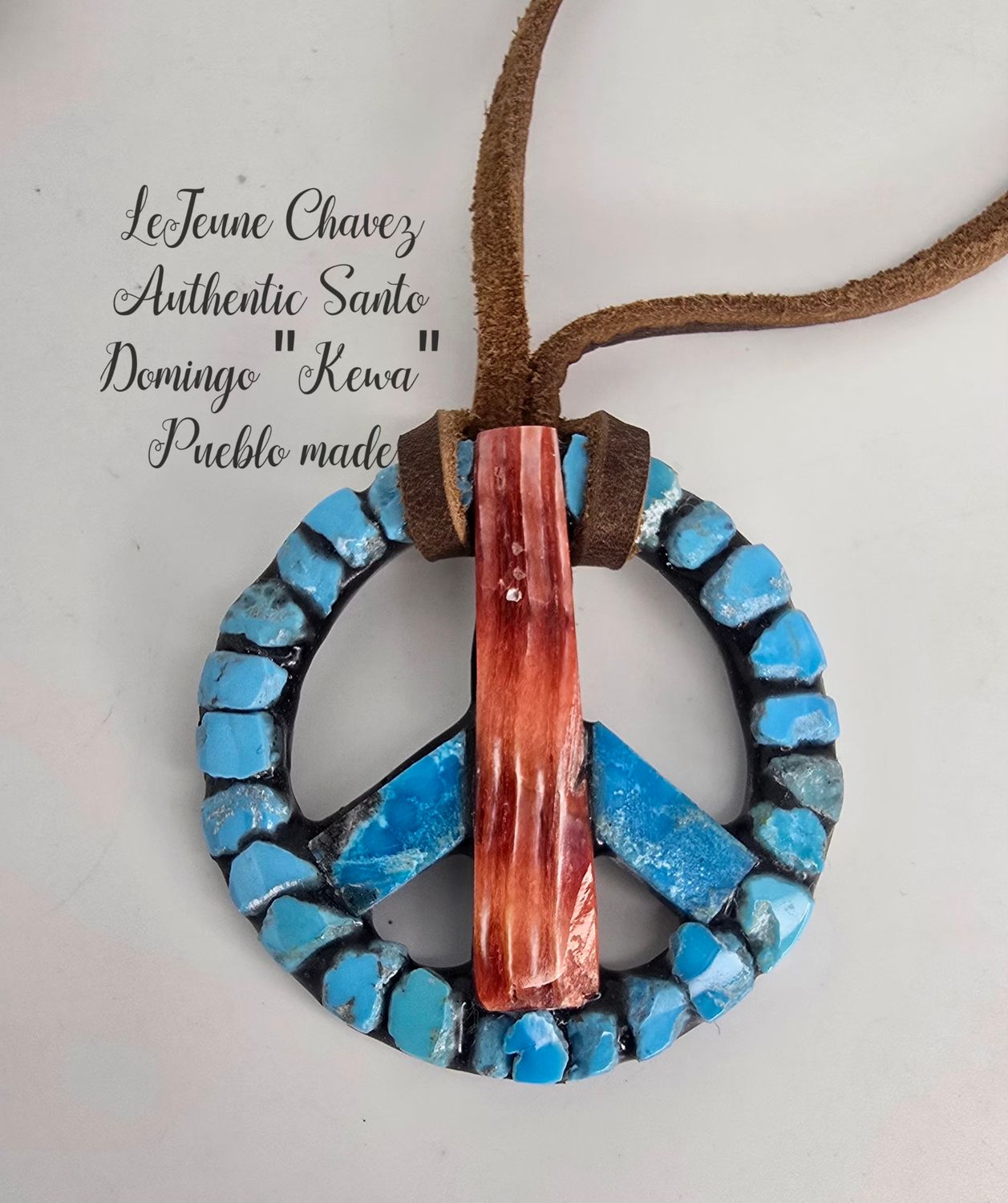 Inlaid Peace symbol pendant with Kingman turquoise nuggets and Spiney Oyster shell