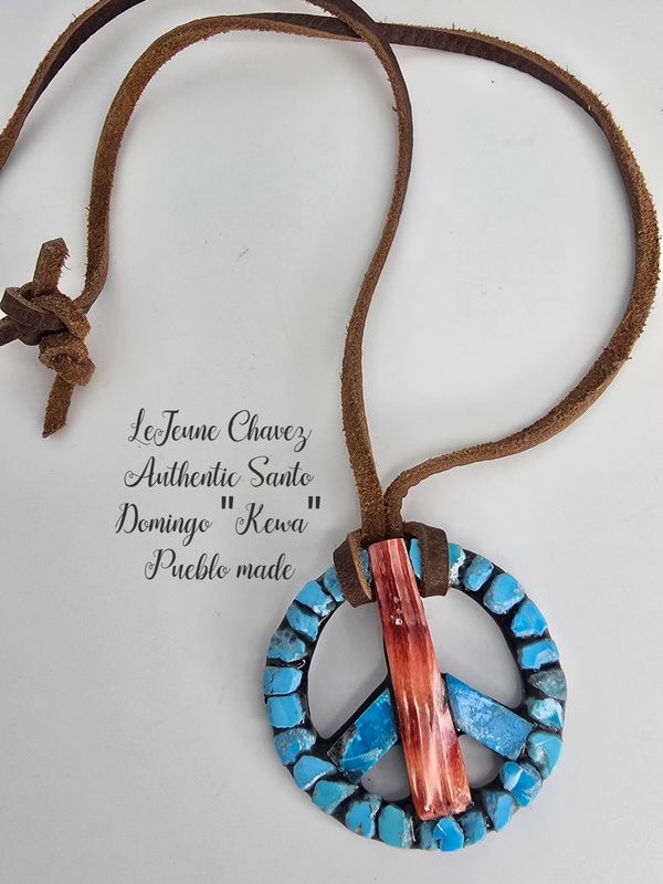 Inlaid Peace symbol pendant with Kingman turquoise nuggets and Spiney Oyster shell