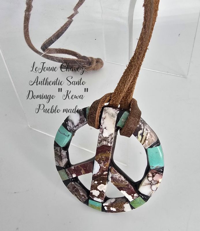 Inlaid Peace symbol pendant with Wildhorse and Kingman turquoise.