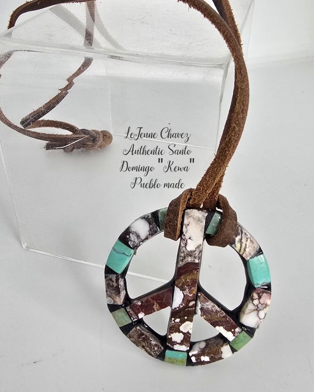 Inlaid Peace symbol pendant with Wildhorse and Kingman turquoise.