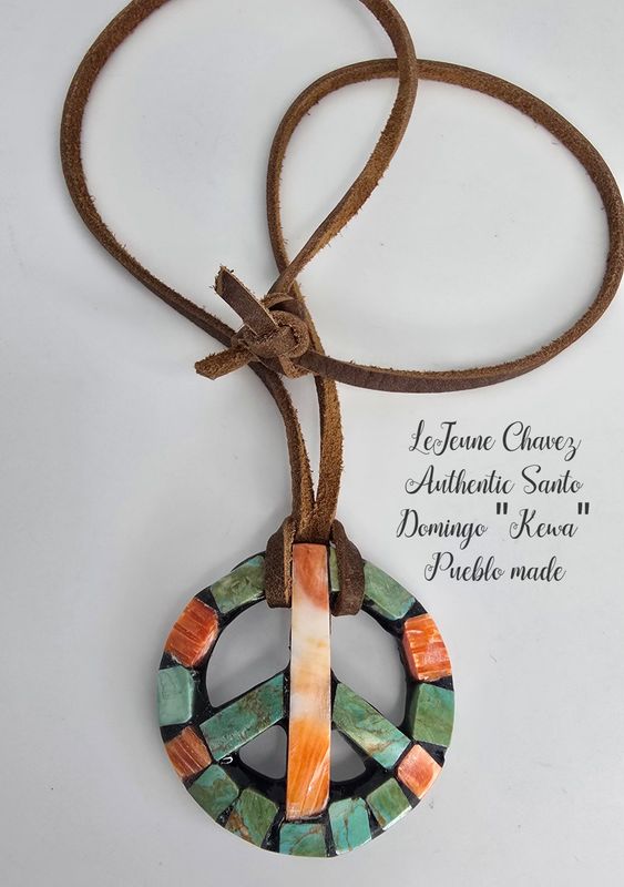 Inlaid Peace symbol pendant with Spiney Oyster shell Kingman turquoise