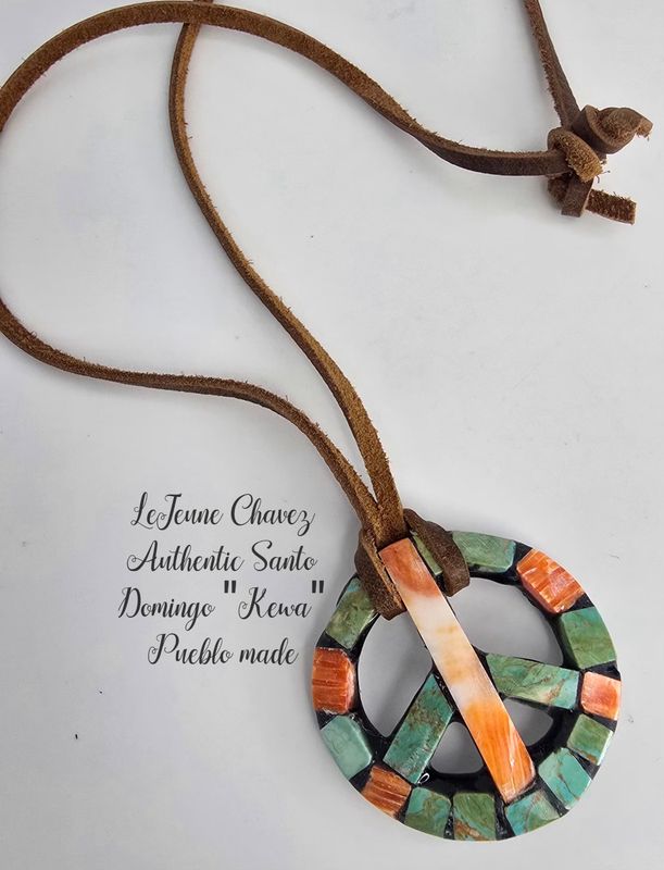 Inlaid Peace symbol pendant with Spiney Oyster shell Kingman turquoise