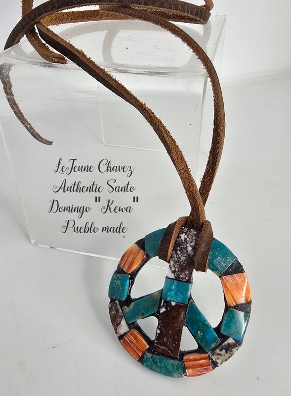Inlaid Peace symbol pendant with dark green Kingman turquoise, Wildhorse stone and Spiney Oyster shell 