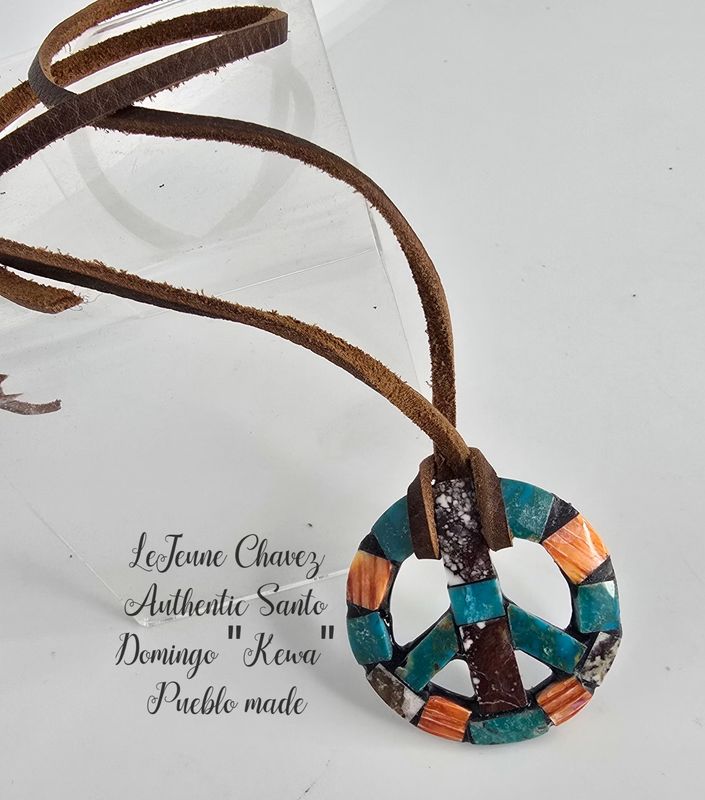 Inlaid Peace symbol pendant with dark green Kingman turquoise, Wildhorse stone and Spiney Oyster shell 
