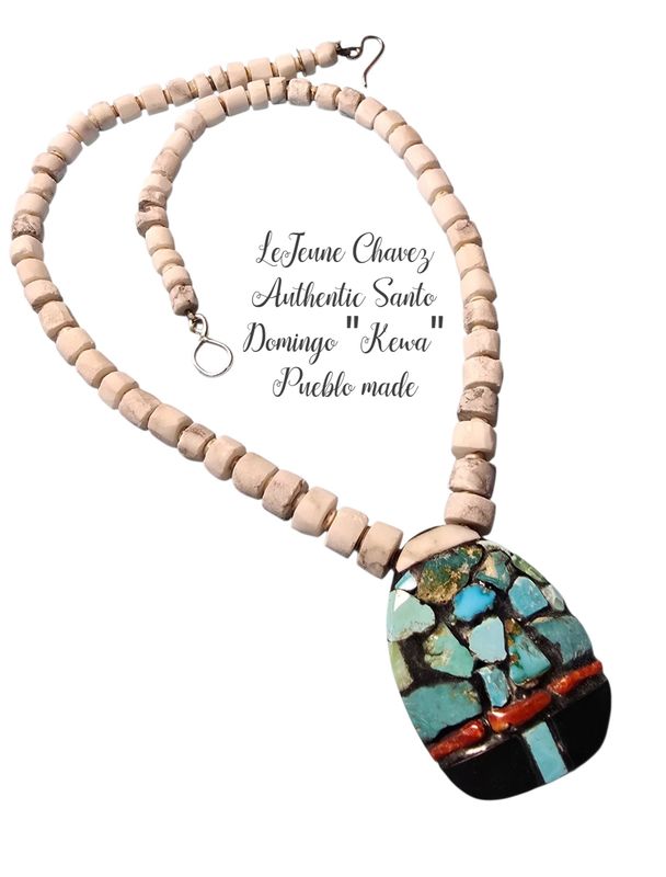 Tab inlaid necklace with hand rolled gypsum beads. A reimagined version from the vintage Thunderbird necklaces.