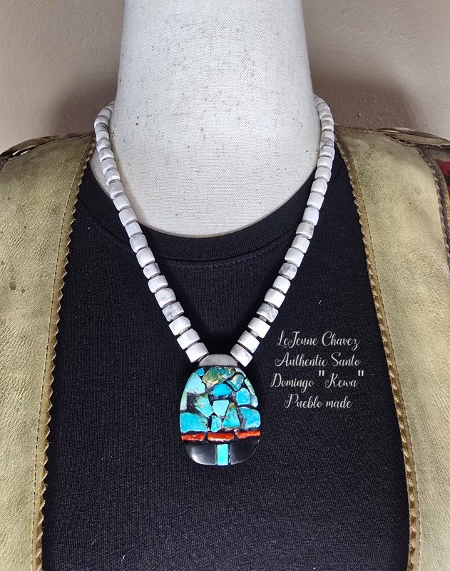 Tab inlaid necklace with hand rolled gypsum beads. A reimagined version from the vintage Thunderbird necklaces.