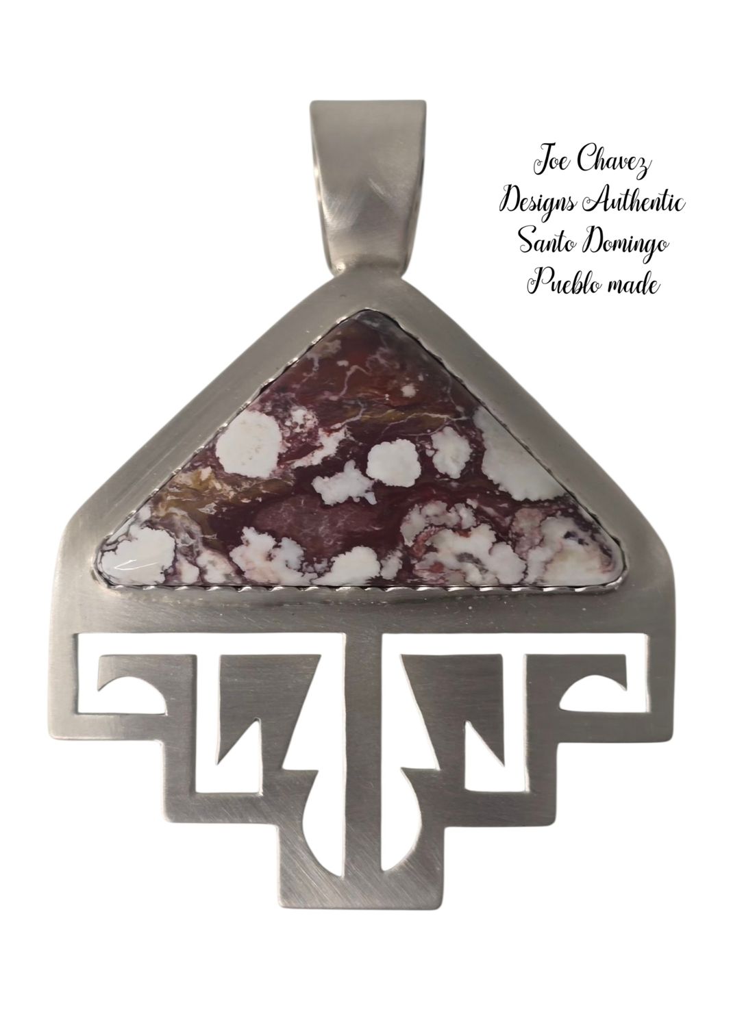Sterling silver brushed finish pendant with natural Wildhorse stone.  Traditional Pueblo symbols