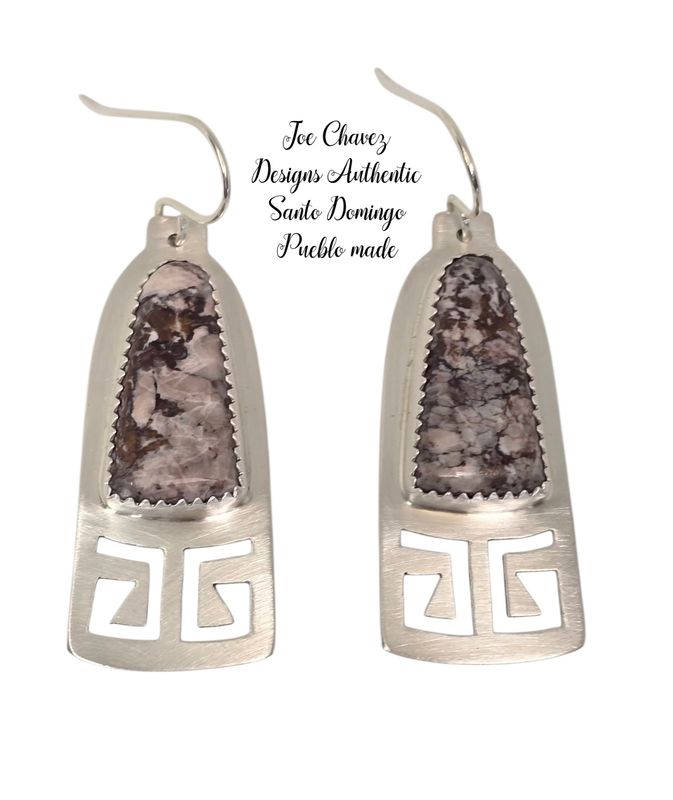 Brushed sterling silver earrings with natural Wildhorse stone and traditional Pueblo symbols