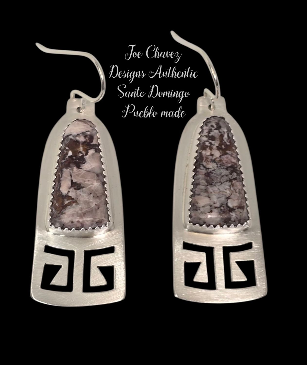 Brushed sterling silver earrings with natural Wildhorse stone and traditional Pueblo symbols