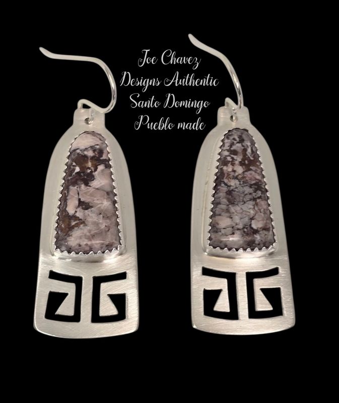 Brushed sterling silver earrings with natural Wildhorse stone and traditional Pueblo symbols