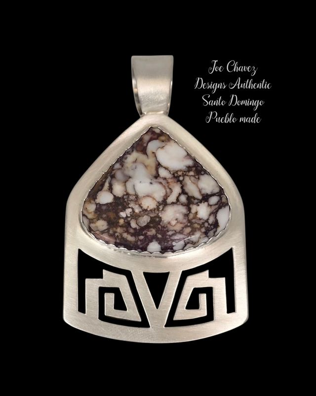 Brushed sterling silver pendant with Natural Wildhorse stone &amp; traditional Pueblo symbols