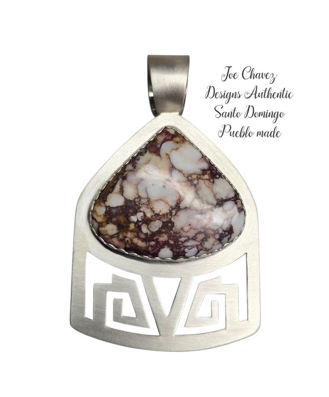 Brushed sterling silver pendant with Natural Wildhorse stone &amp; traditional Pueblo symbols