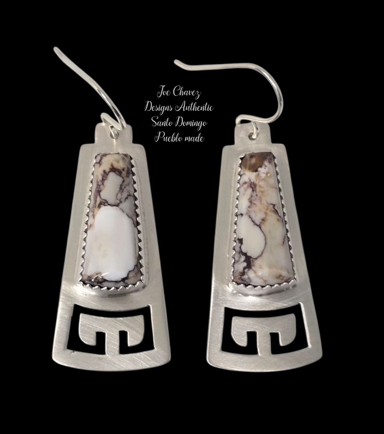 Sterling silver brushed finish earrings with natural Wildhorse stone and traditional Pueblo symbols