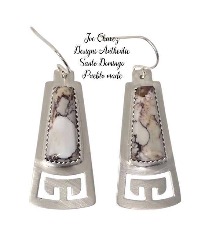Sterling silver brushed finish earrings with natural Wildhorse stone and traditional Pueblo symbols