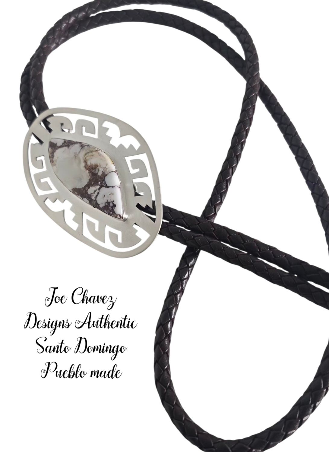 Brushed sterling silver bolo tie with natural Wildhorse stone and traditional Pueblo symbols