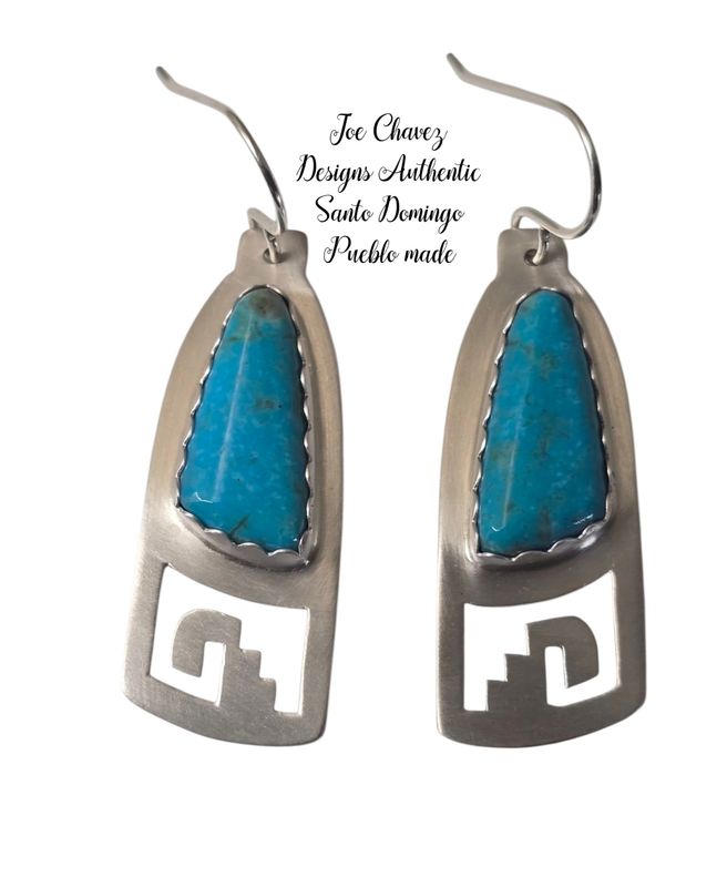 Sterling silver earrings with Kingman turquoise and traditional Pueblo symbols
