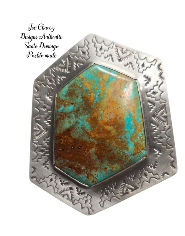 Sterling silver pendant with Kingman turquoise and stampwork designs and Shepard hook 
