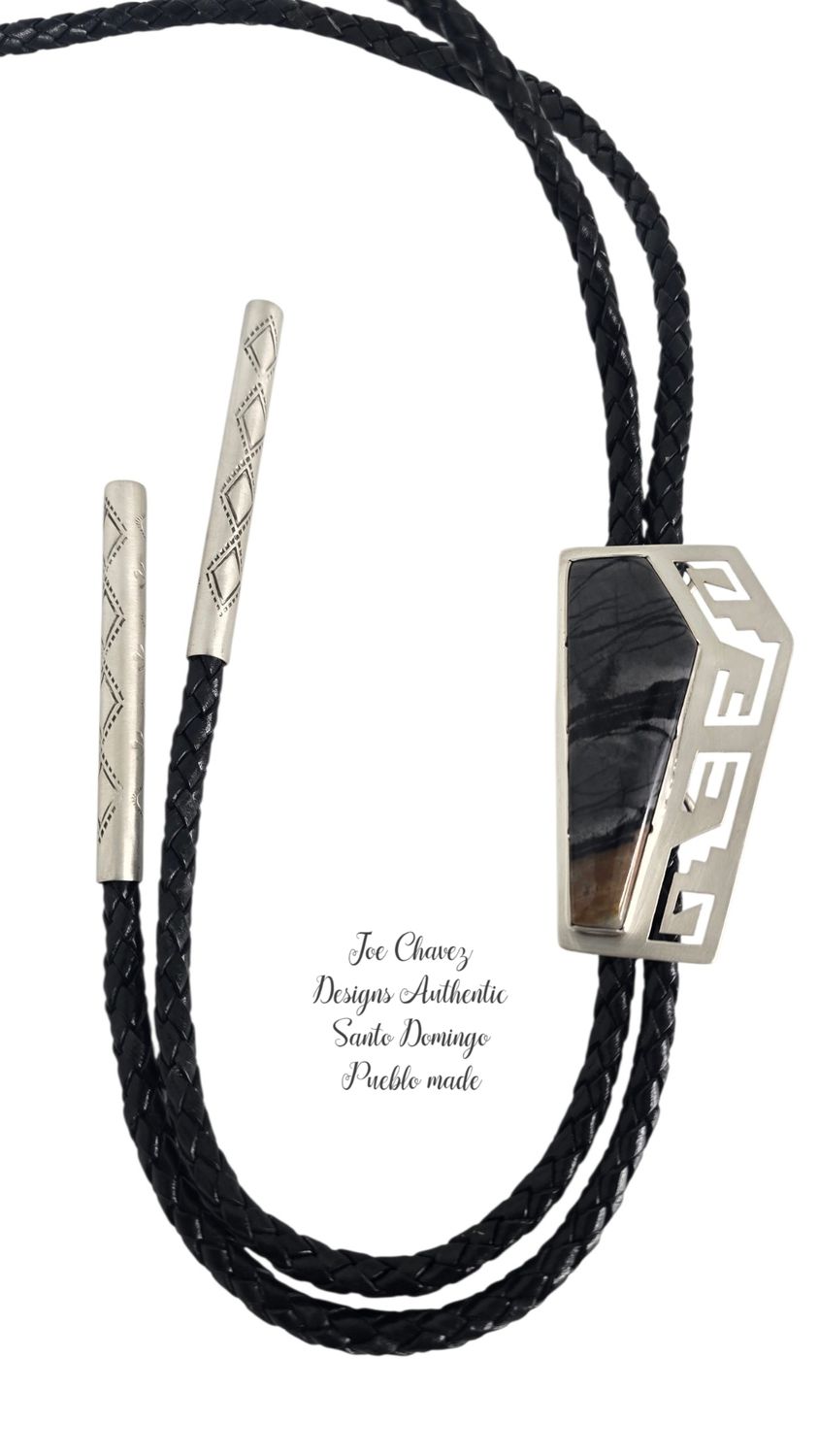 Sterling silver Bolo tie with natural Picasso Marble stone and traditional Pueblo symbols
