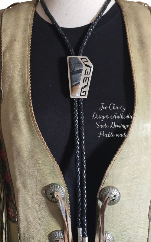 Sterling silver Bolo tie with natural Picasso Marble stone and traditional Pueblo symbols