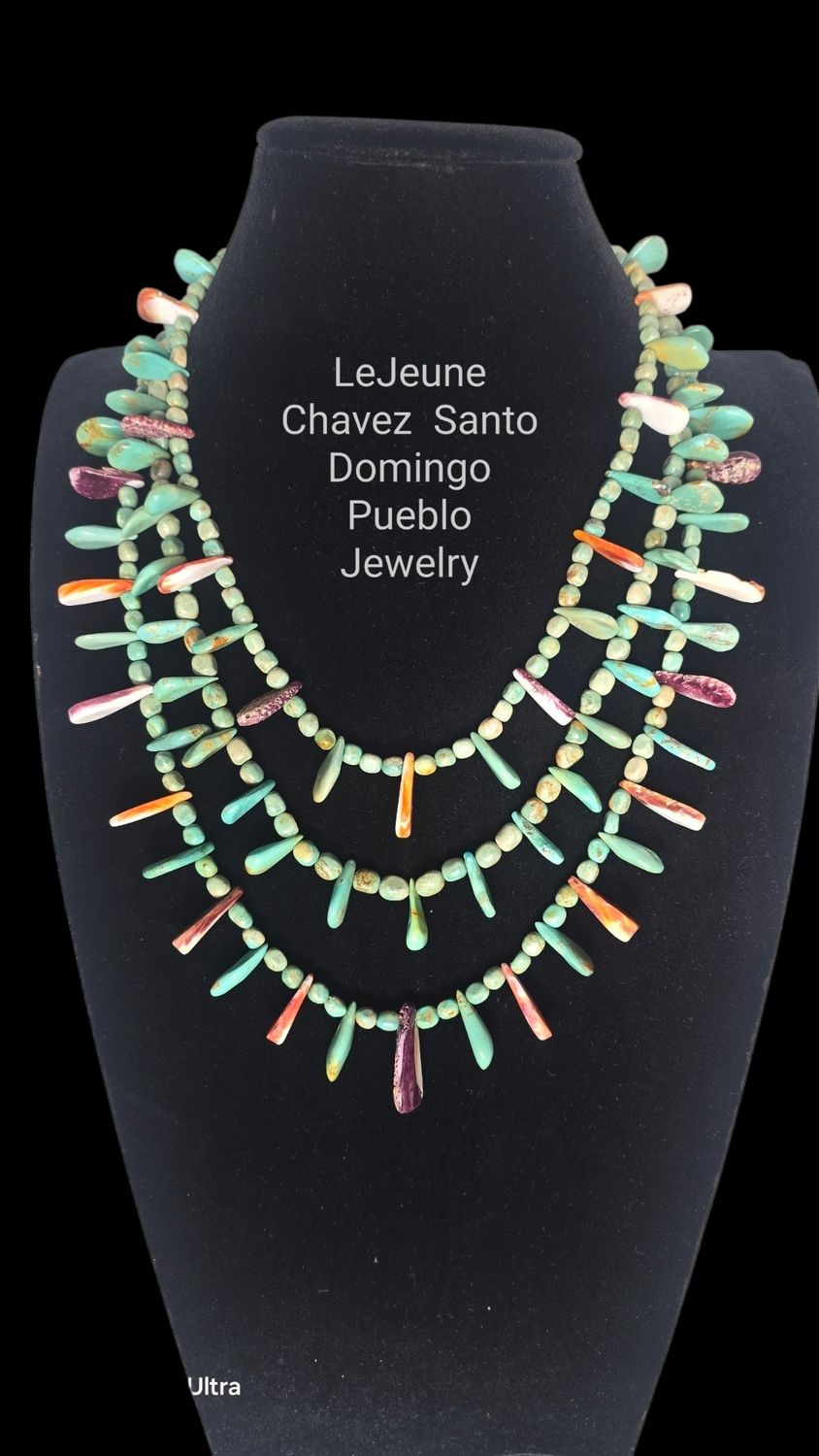 3 Strand turquoise necklace with turquoise and Spiney Oyster tabs