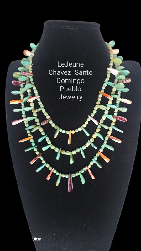 3 Strand turquoise necklace with turquoise and Spiney Oyster tabs