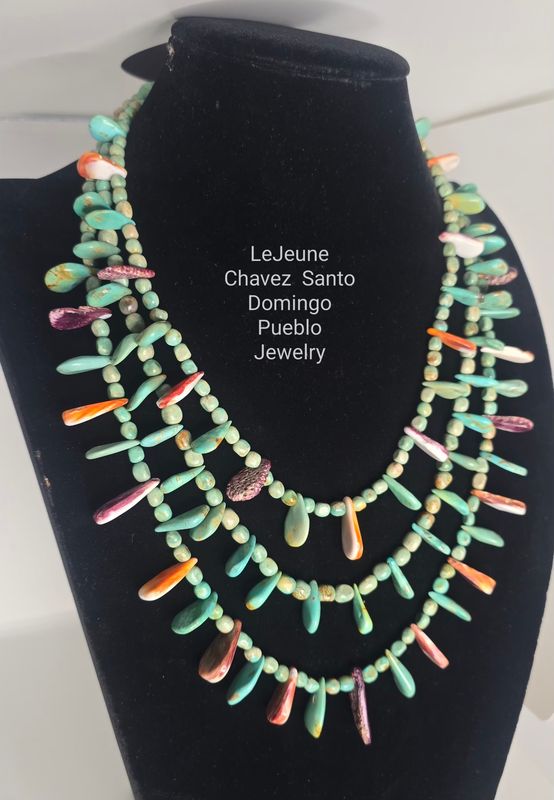3 Strand turquoise necklace with turquoise and Spiney Oyster tabs