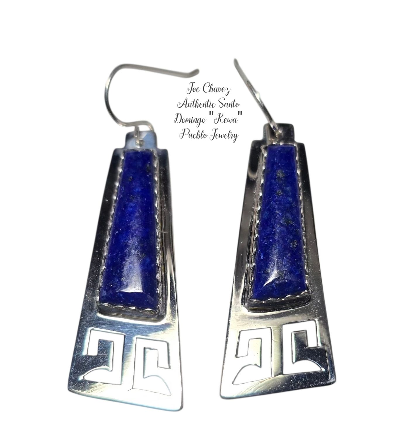 Sterling silver earrings with natural high-quality Lapis Lazuli stones and traditional Pueblo symbols