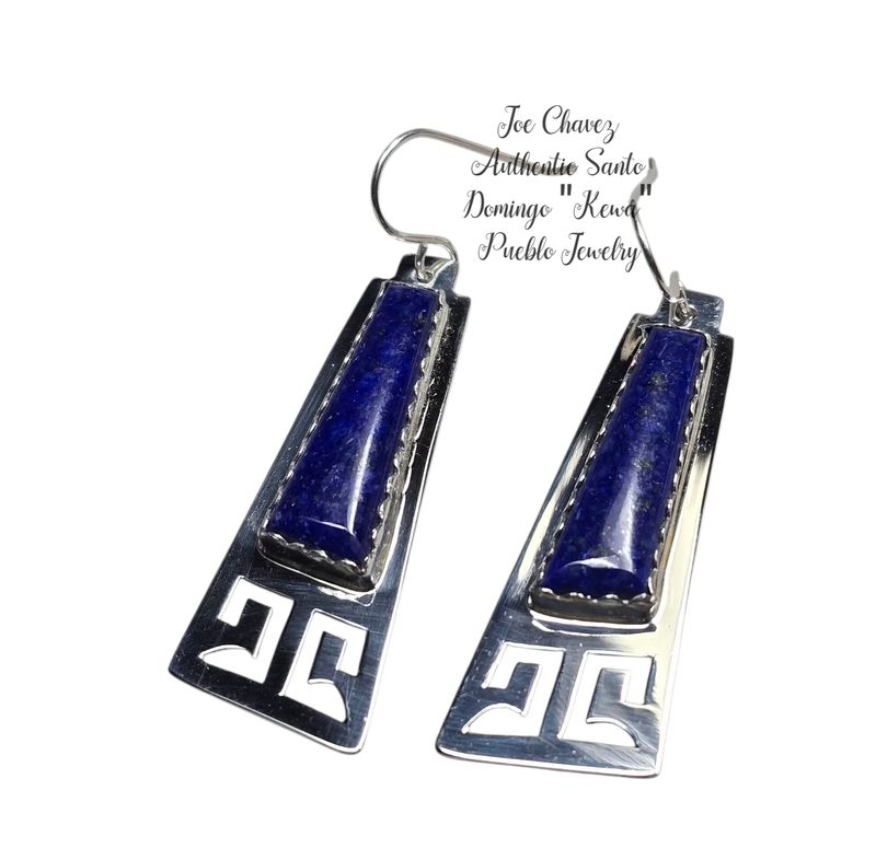 Sterling silver earrings with natural high-quality Lapis Lazuli stones and traditional Pueblo symbols