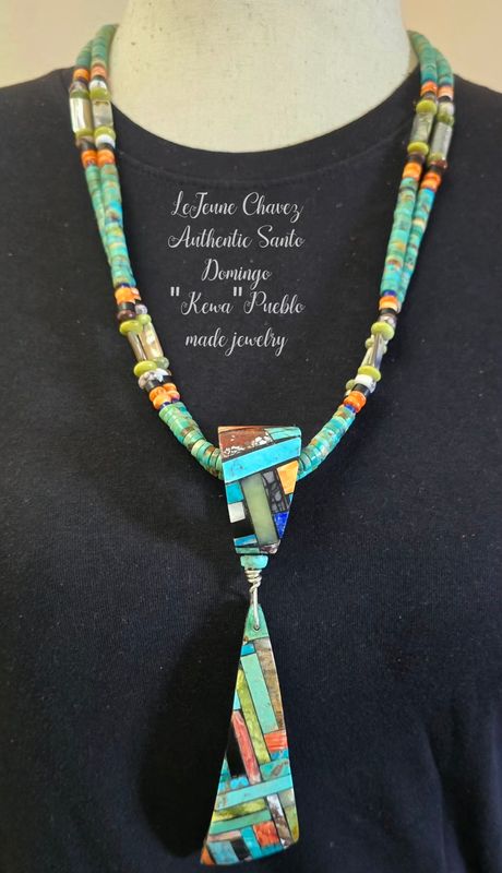 Two strand turquoise necklace with double Inlaid slide and pendant