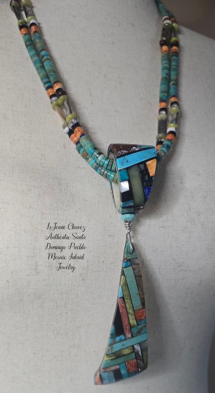 Two strand turquoise necklace with double Inlaid slide and pendant