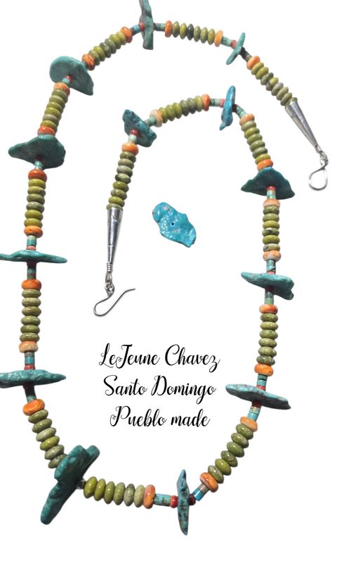 Serpentine, Spiney Oyster shell and Kingman turquoise necklace with handmade sterling silver cones and clasps