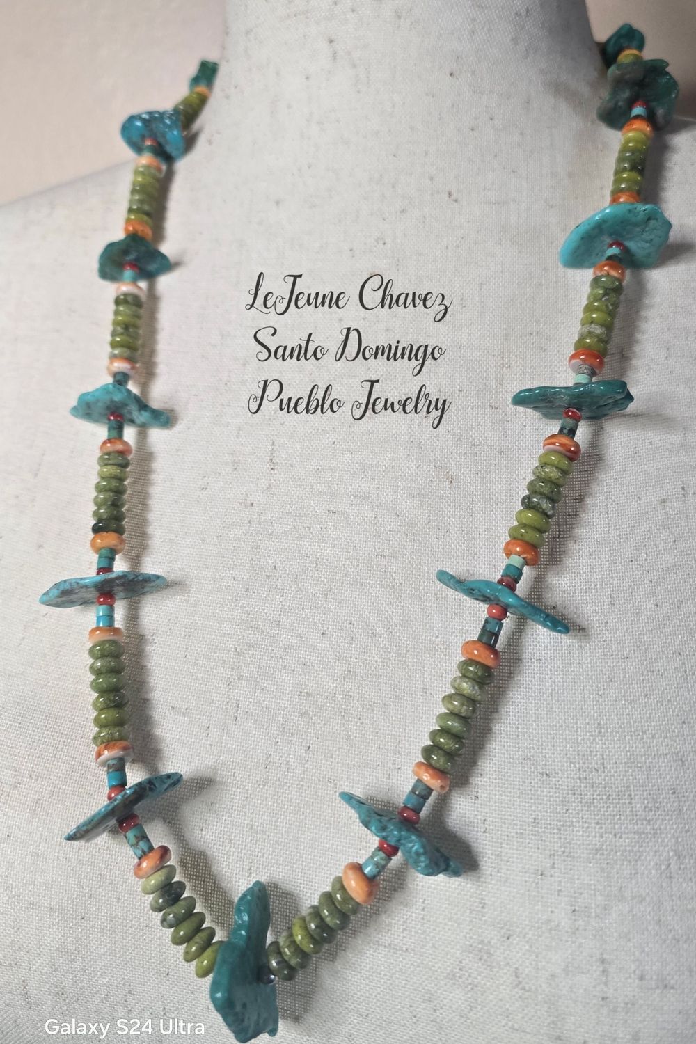 Serpentine, Spiney Oyster shell and Kingman turquoise necklace with handmade sterling silver cones and clasps