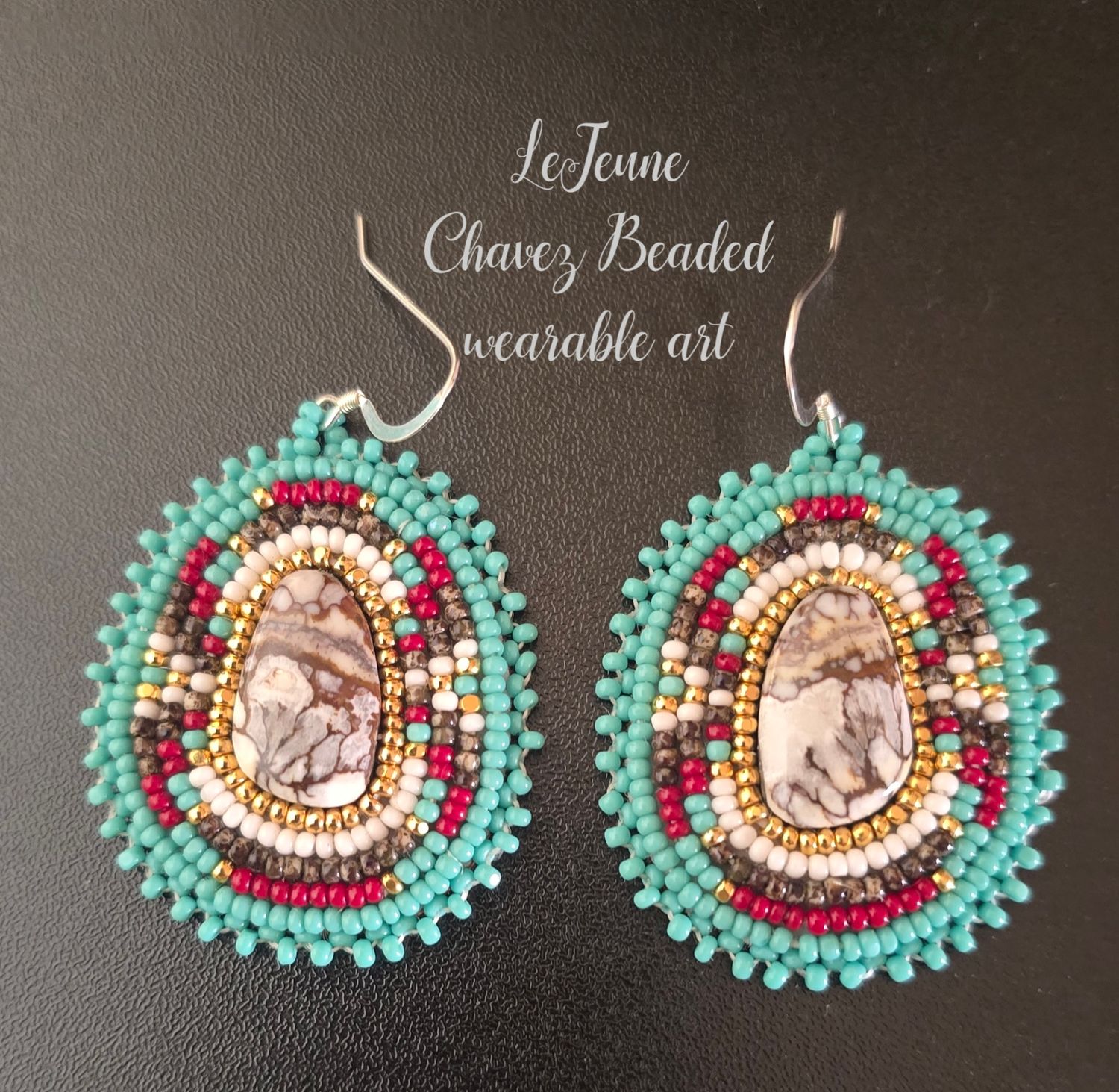 Beaded wearable art earrings with natural Wildhorse stone