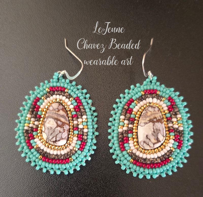 Beaded wearable art earrings with natural Wildhorse stone