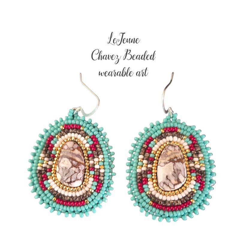 Beaded wearable art earrings with natural Wildhorse stone
