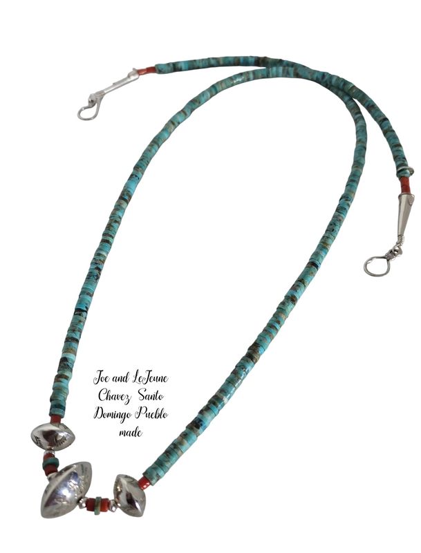 Extra long turquoise, coral and hand crafted sterling silver bead Jacla necklace