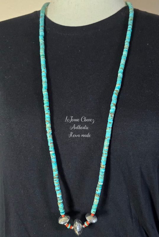 Extra long turquoise, coral and hand crafted sterling silver bead Jacla necklace