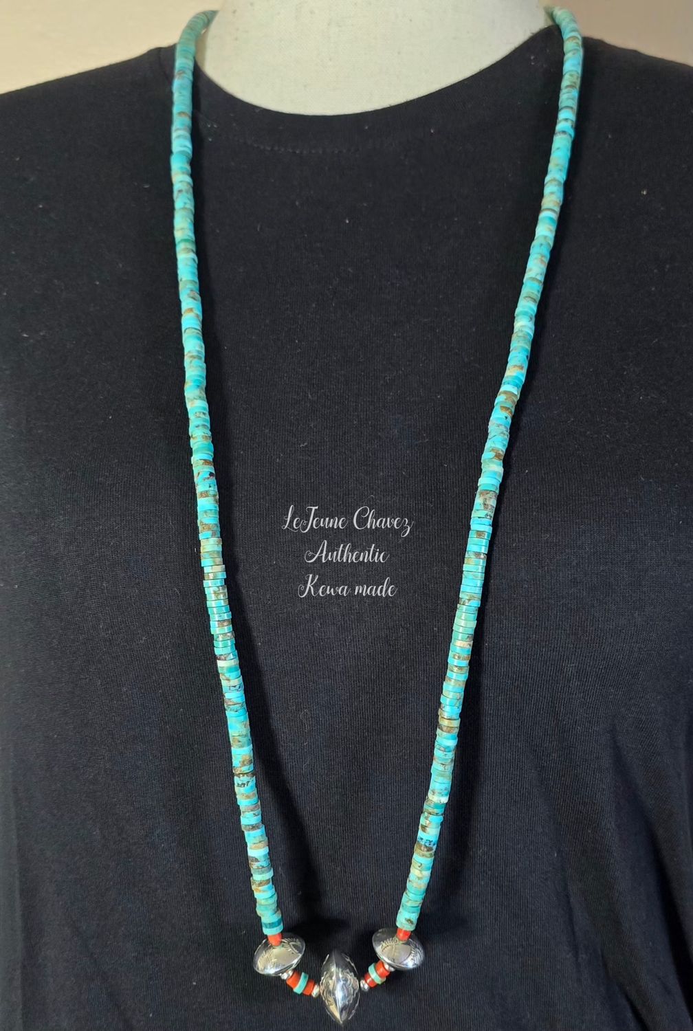 Extra long turquoise, coral and hand crafted sterling silver bead Jacla necklace