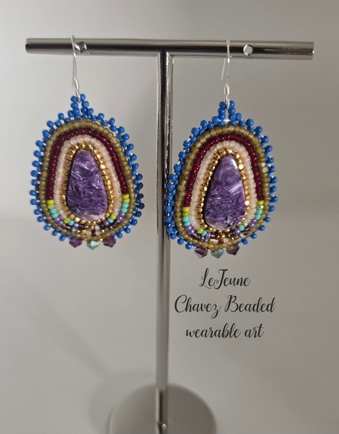 Beaded wearable art earrings with natural Charoite stones