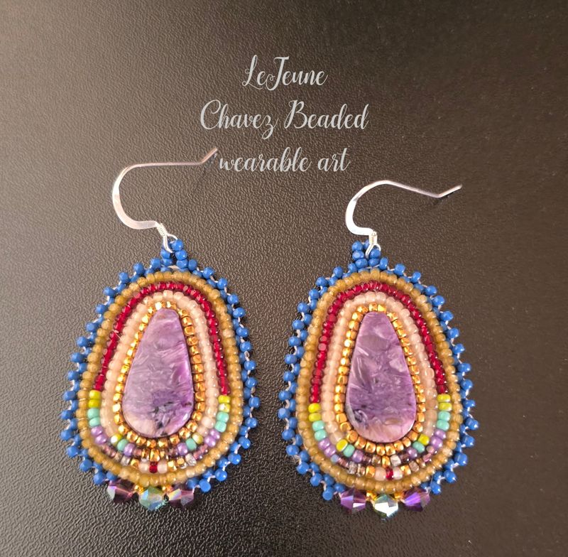 Beaded wearable art earrings with natural Charoite stones