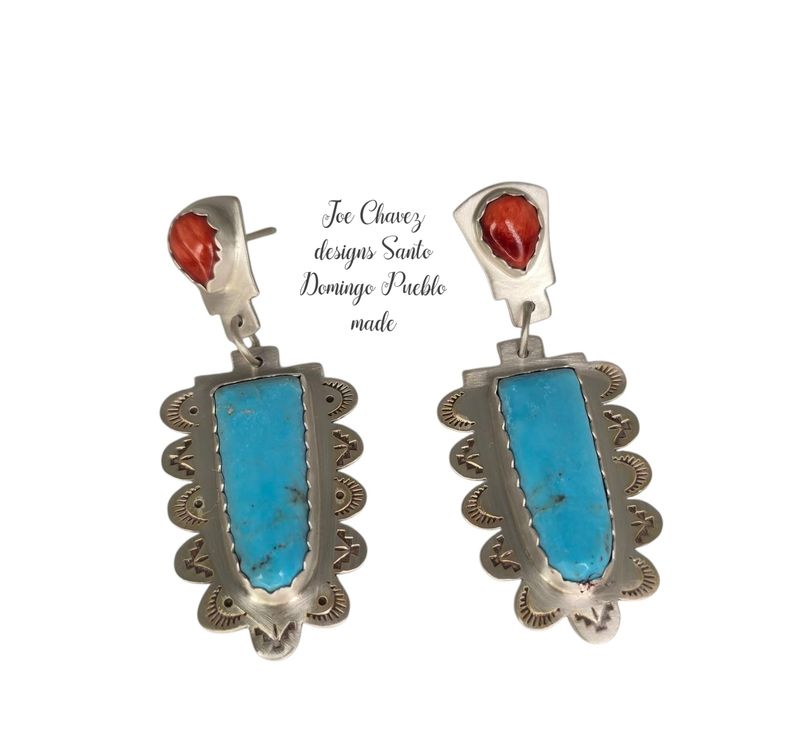 Sterling silver statement earrings with natural Spiney Oyster shell and Kingman turquoise stones