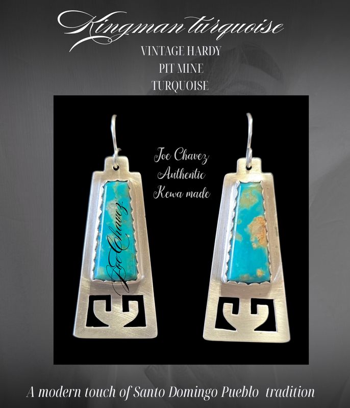 Sterling silver earrings with vintage Hardy Pit Kingman turquoise. Traditional Pueblo symbol