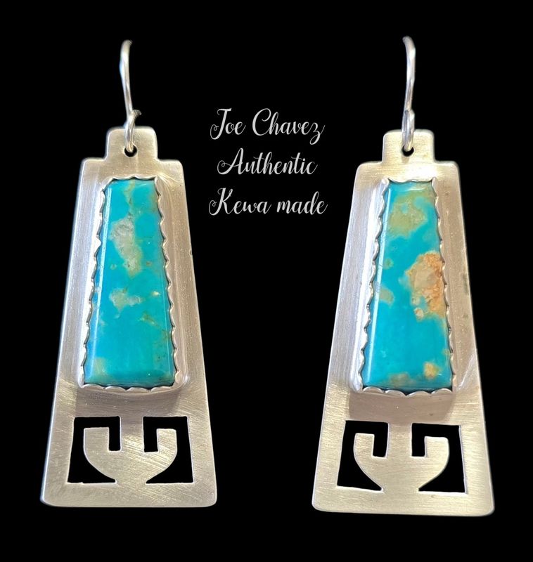 Sterling silver earrings with vintage Hardy Pit Kingman turquoise. Traditional Pueblo symbol