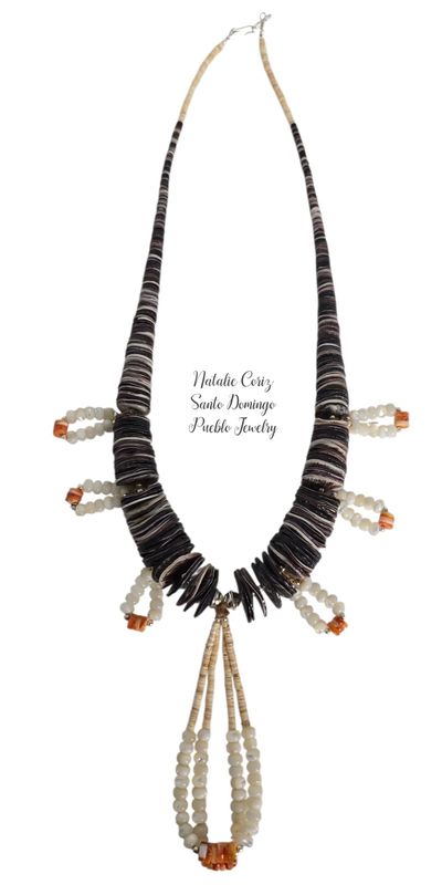 Mother of Pearl Shell necklace with jacla tabs  rooted in ancestral Pueblo pattern.