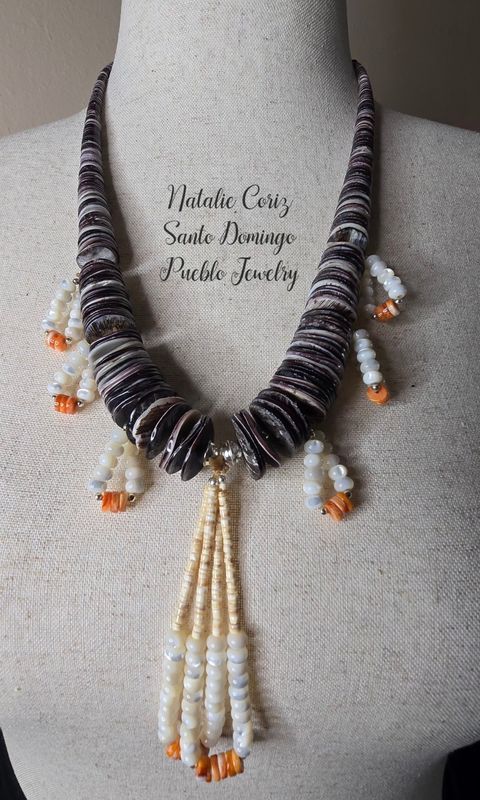 Mother of Pearl Shell necklace with jacla tabs  rooted in ancestral Pueblo pattern.