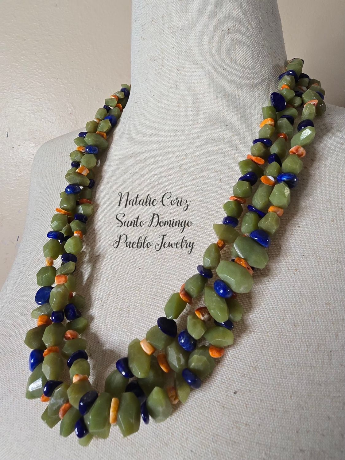 3 strand natural Serpentine,  Lapis Lazuli and Spiney Oyster shell necklace