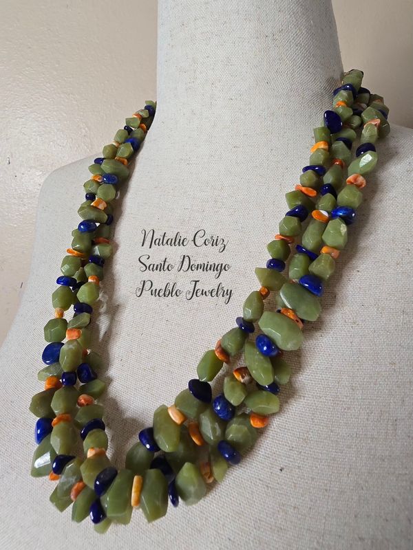 3 strand natural Serpentine,  Lapis Lazuli and Spiney Oyster shell necklace